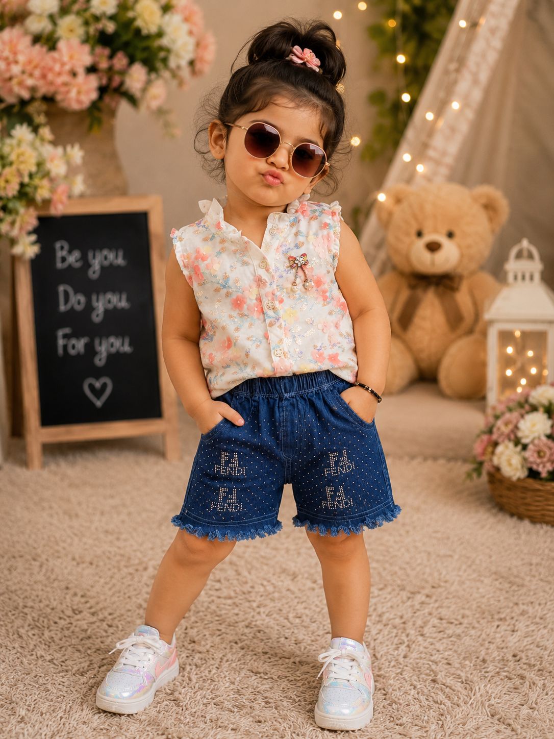 Pastel Blossom Denim Shorts Set