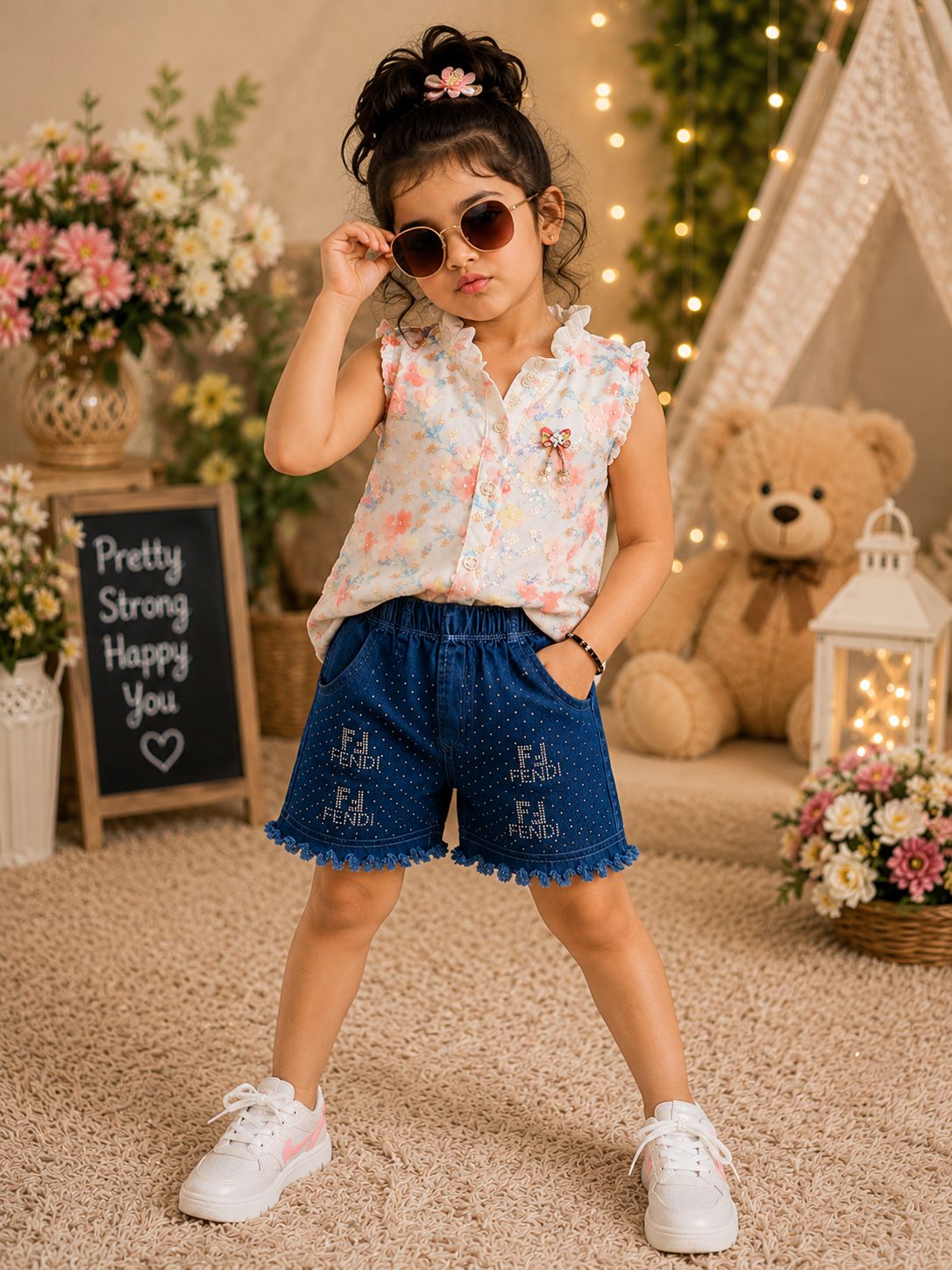 Pastel Blossom Denim Shorts Set