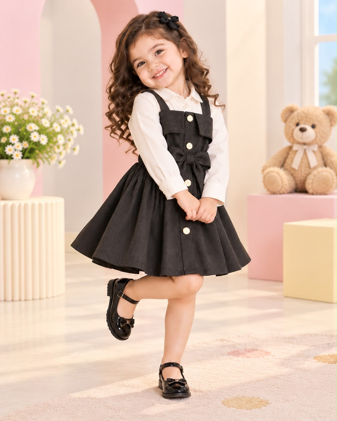 Classic Black Pinafore Dress with White Shirt for Girls