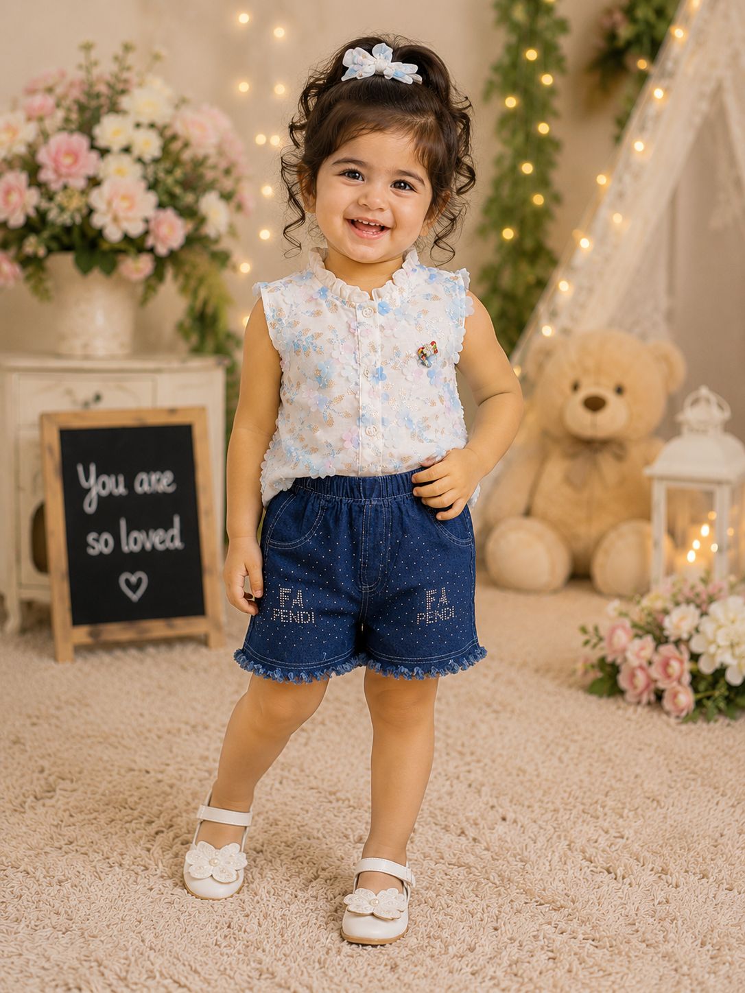 Pastel Blossom Denim Shorts Set