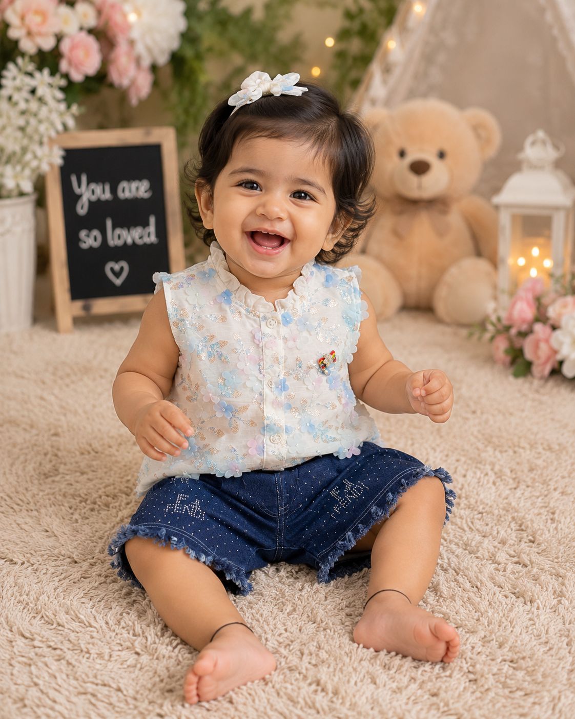 Pastel Blossom Denim Shorts Set