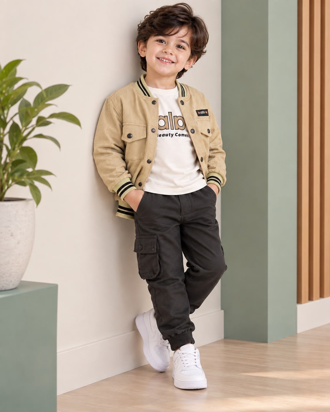 Beige Varsity Jacket & Cargo Pants Set for Boys