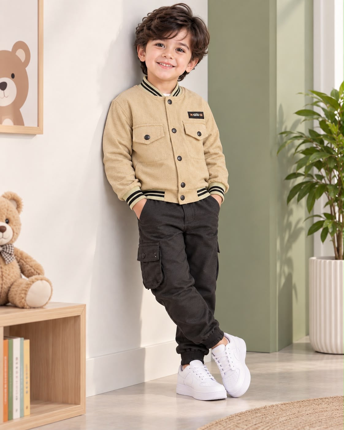 Beige Varsity Jacket & Cargo Pants Set for Boys