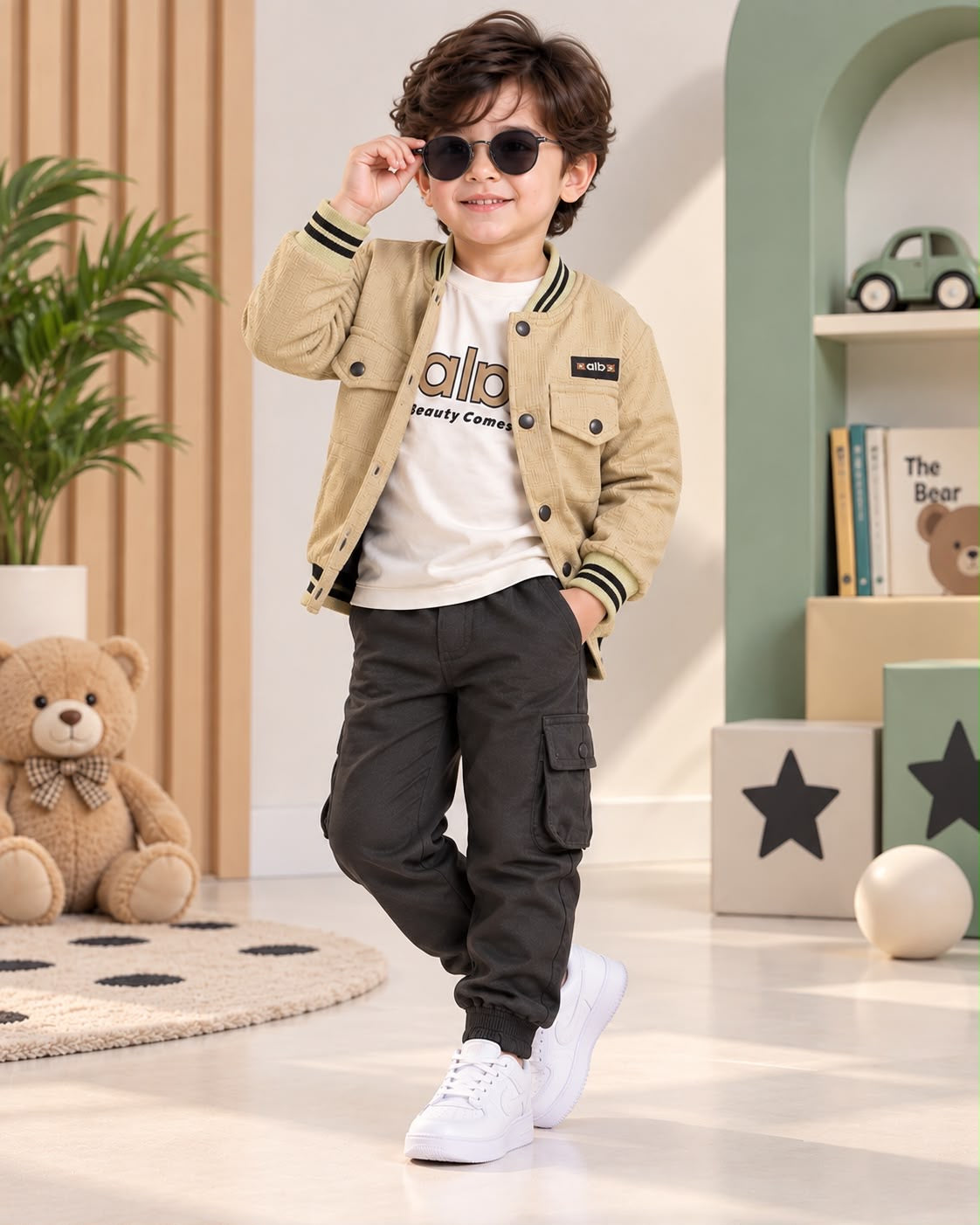 Beige Varsity Jacket & Cargo Pants Set for Boys