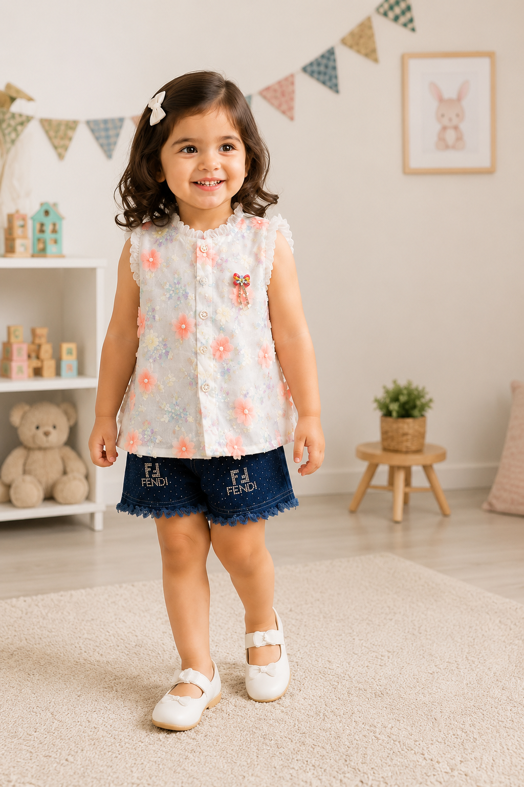 Pastel Blossom Denim Shorts Set