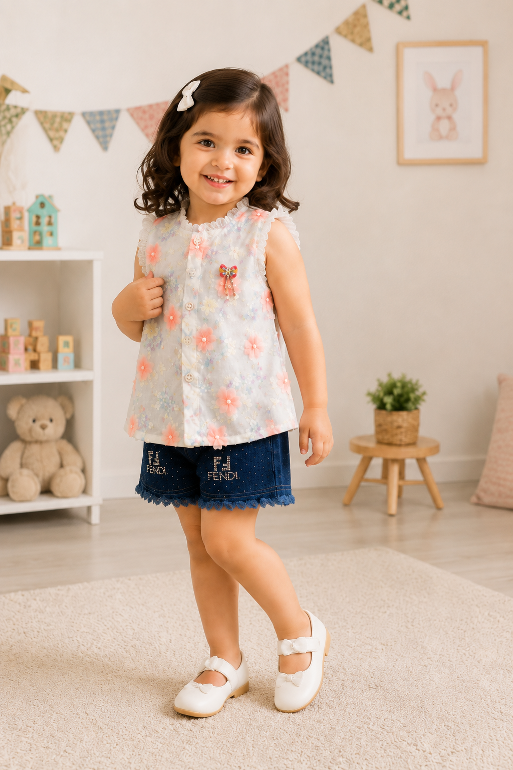 Pastel Blossom Denim Shorts Set