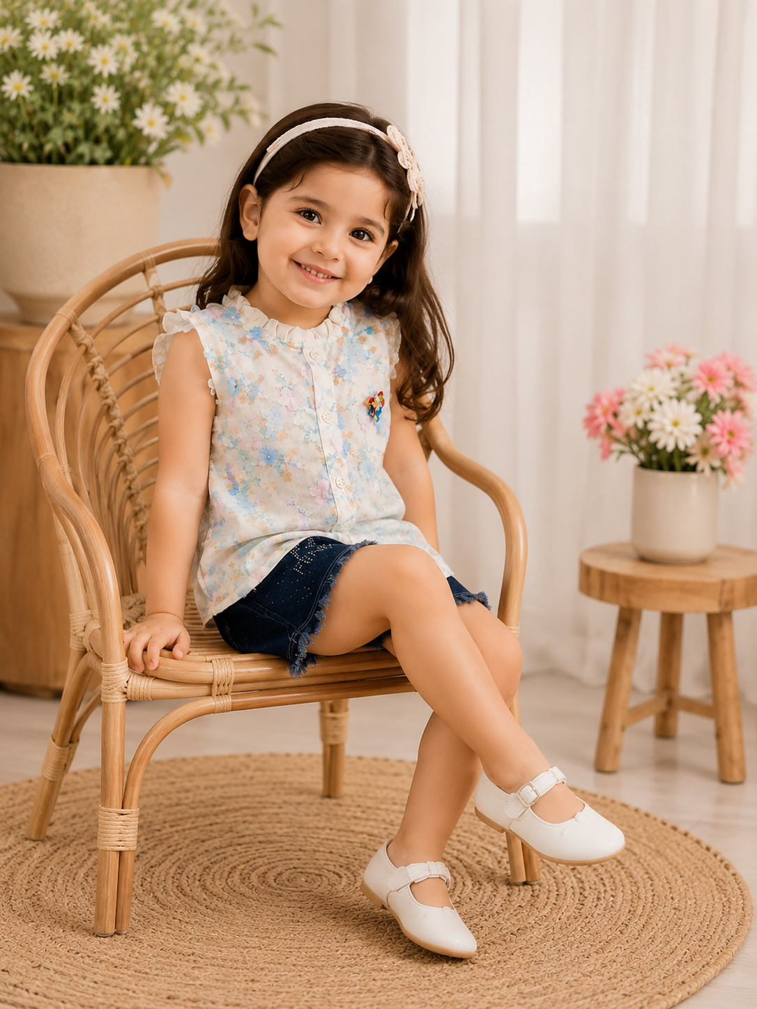 Pastel Blossom Denim Shorts Set