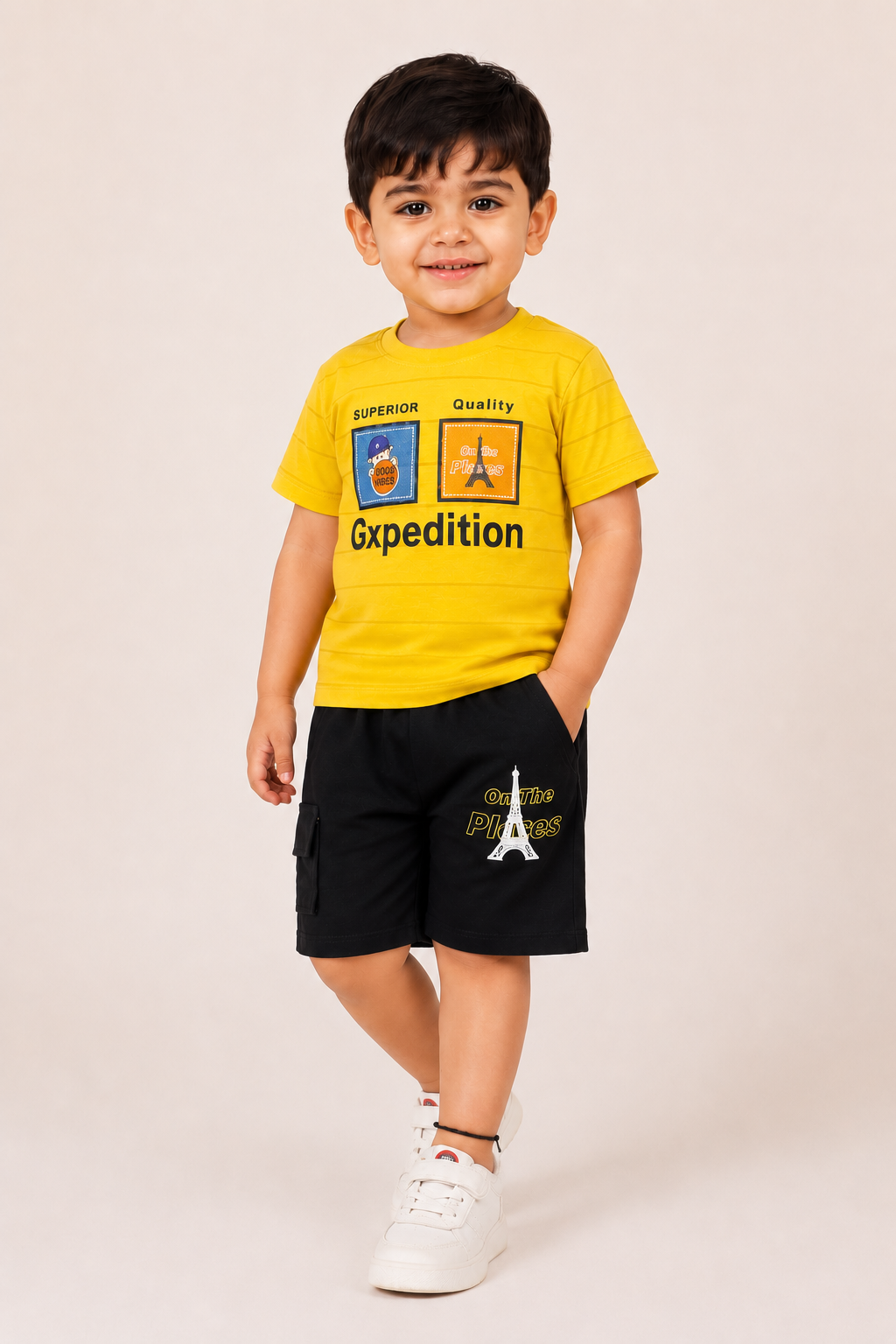 Kids Yellow Graphic Tee with Black Shorts Boys Summer Outfit Set