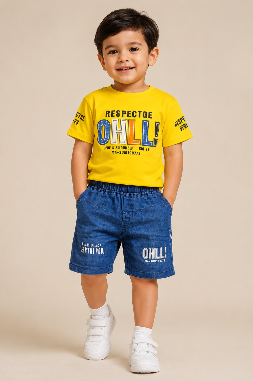Boys Premium Beige Graphic T-Shirt & Blue Shorts Co-Ord Set