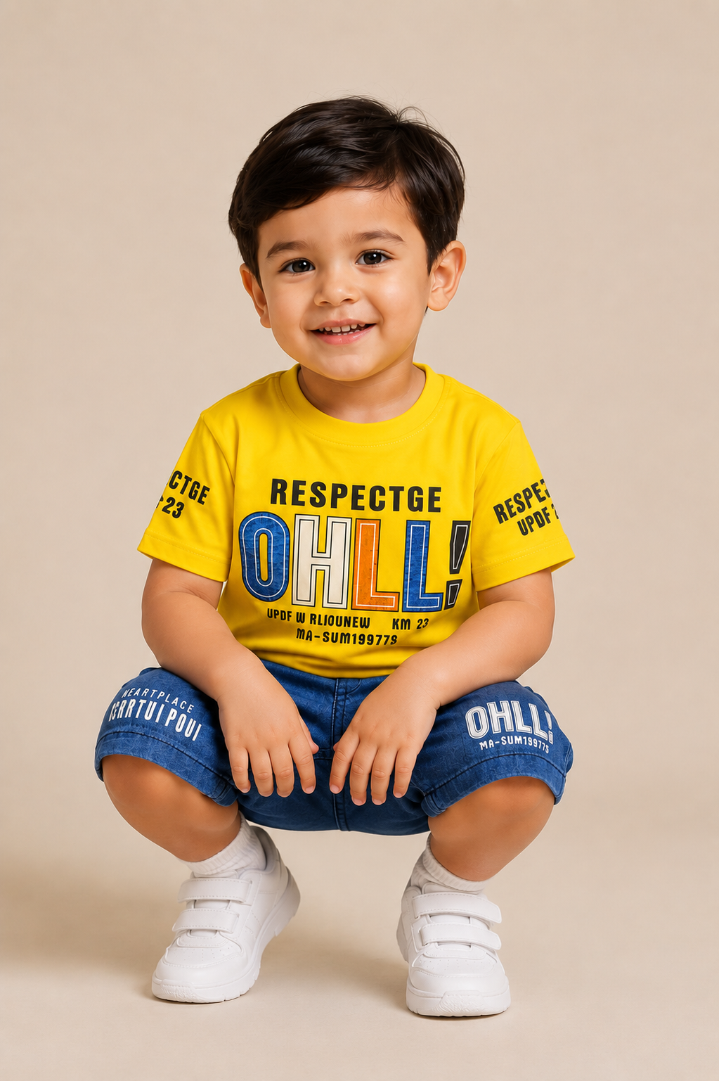 Boys Premium Beige Graphic T-Shirt & Blue Shorts Co-Ord Set
