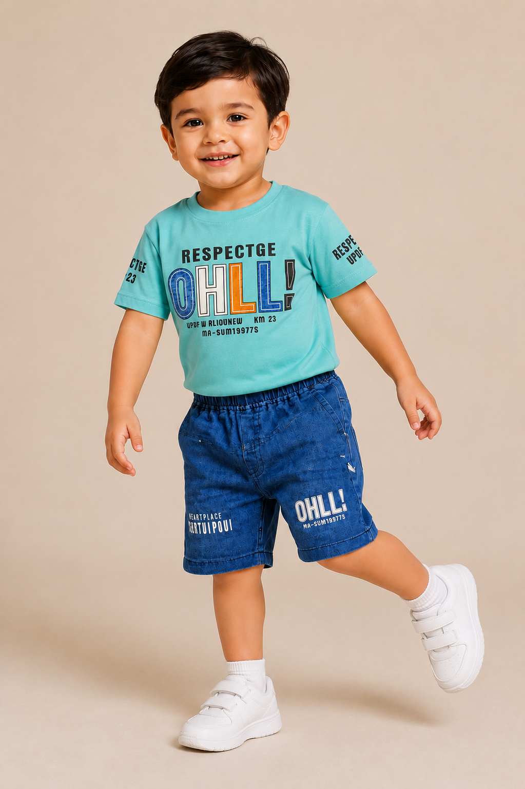 Boys Premium Beige Graphic T-Shirt & Blue Shorts Co-Ord Set