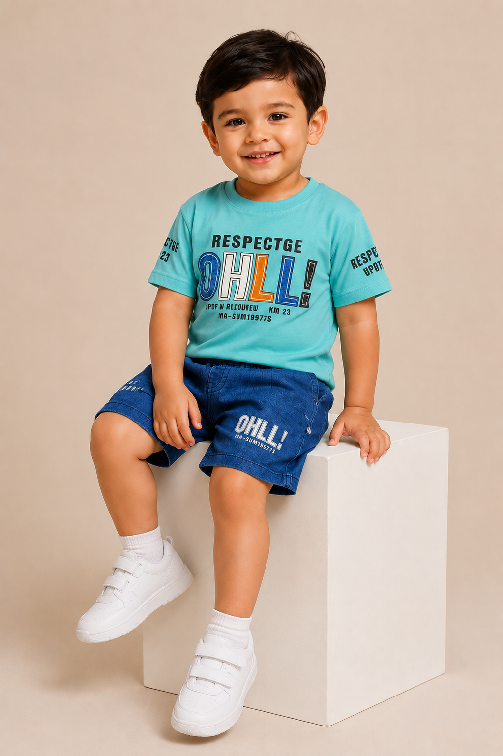 Boys Premium Beige Graphic T-Shirt & Blue Shorts Co-Ord Set