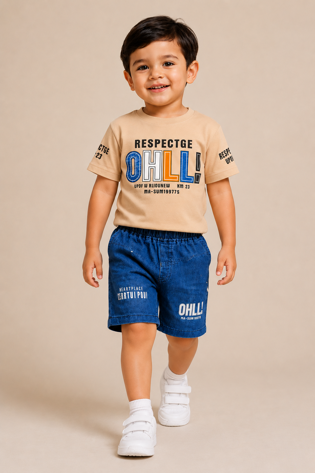 Boys Premium Beige Graphic T-Shirt & Blue Shorts Co-Ord Set