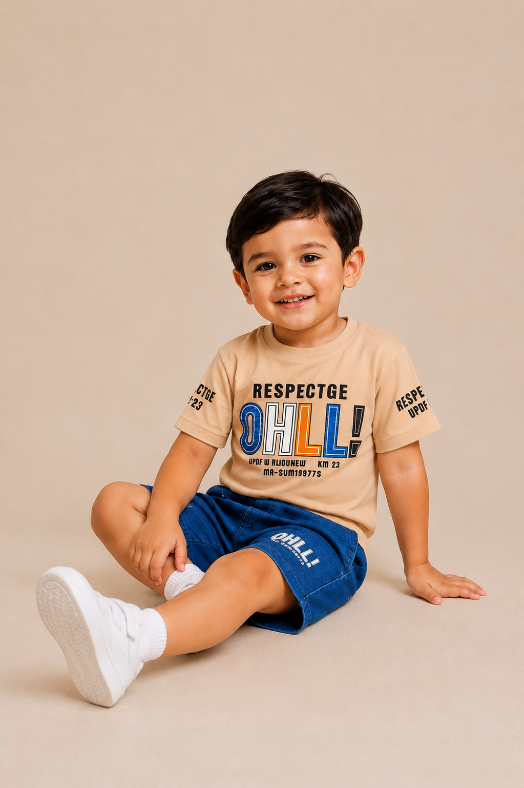Boys Premium Beige Graphic T-Shirt & Blue Shorts Co-Ord Set