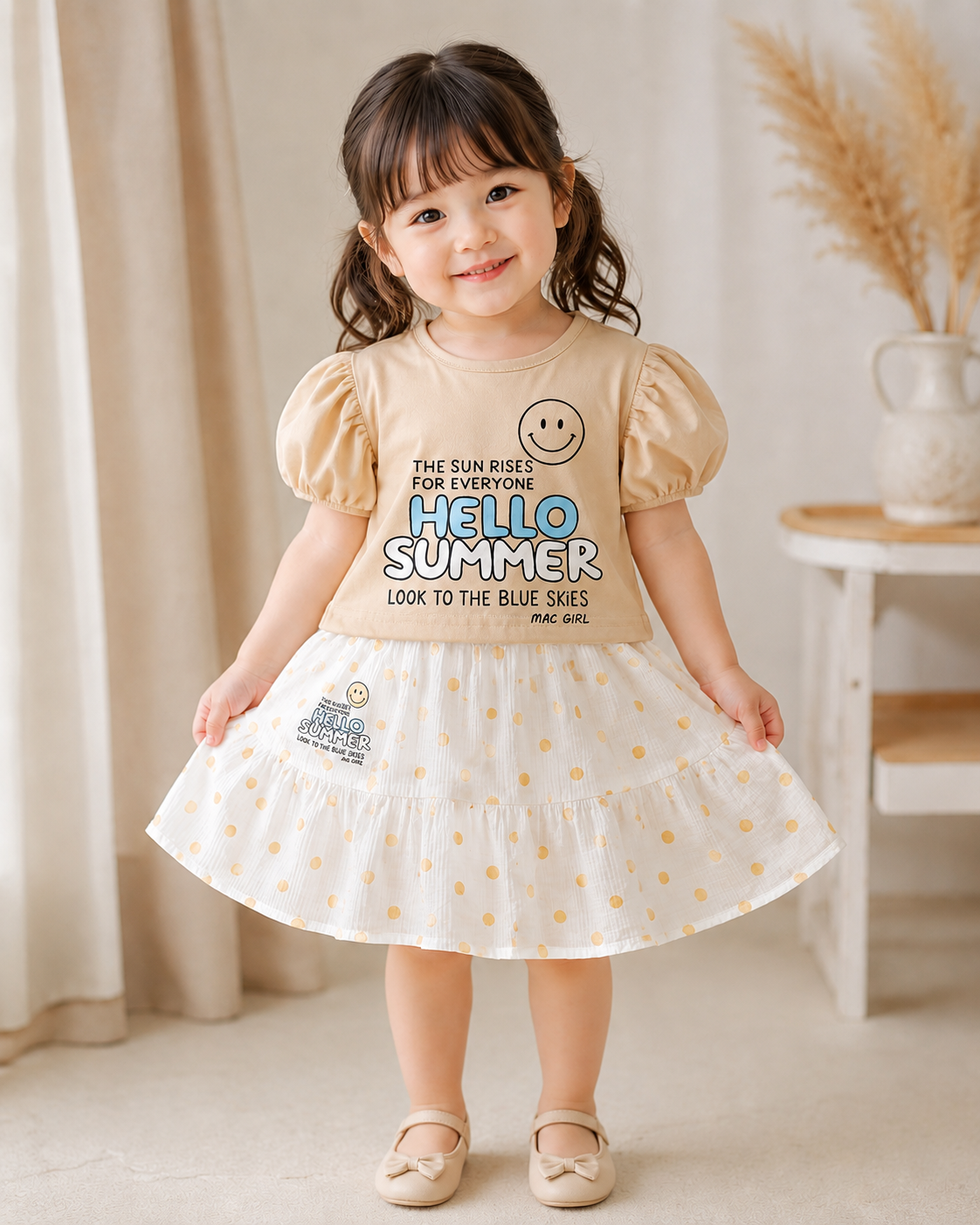 Girls Premium Summer Top & Polka Dot Skirt Set
