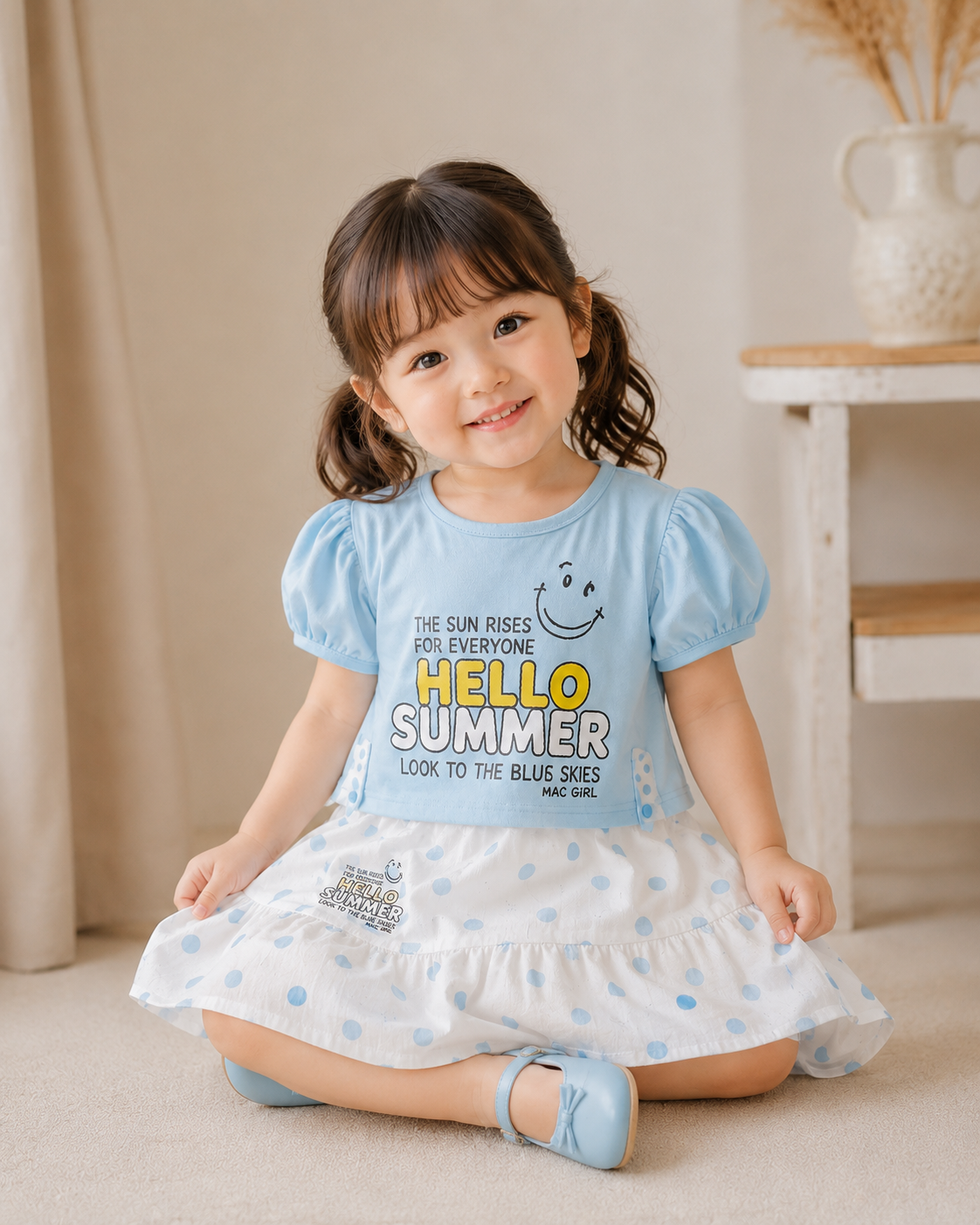 Girls Premium Summer Top & Polka Dot Skirt Set