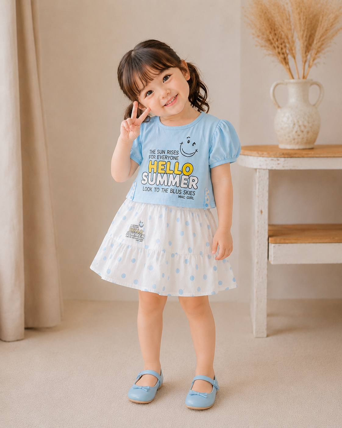 Girls Premium Summer Top & Polka Dot Skirt Set