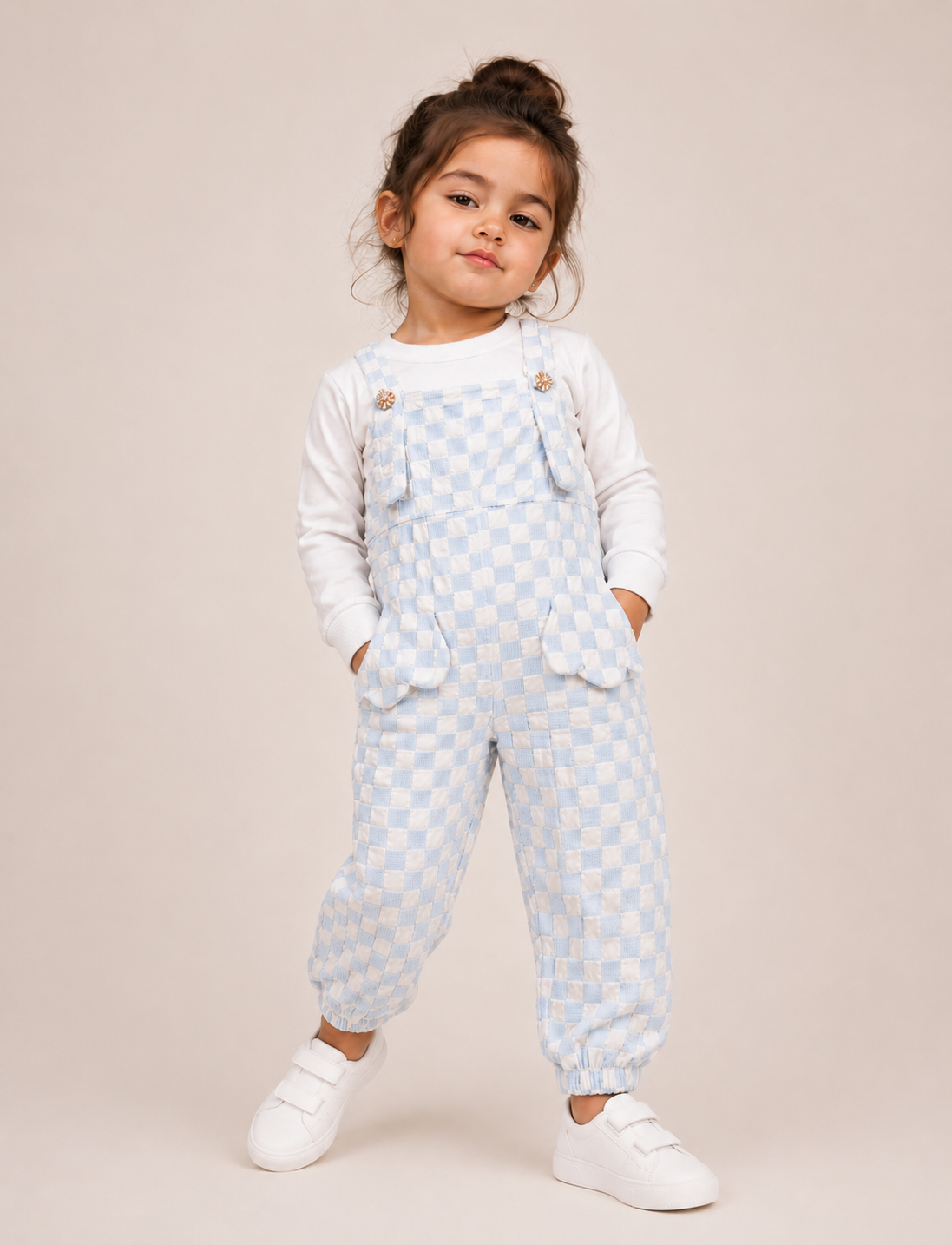 Girls Premium Checkered Dungaree & Full Sleeve Top Set