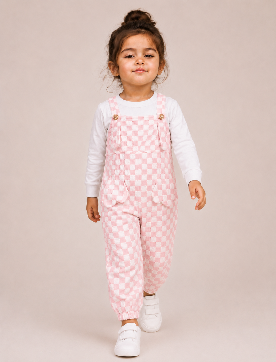 Girls Premium Checkered Dungaree & Full Sleeve Top Set