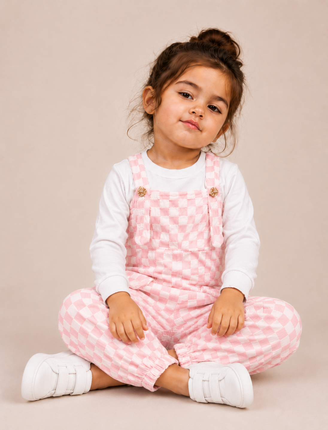 Girls Premium Checkered Dungaree & Full Sleeve Top Set