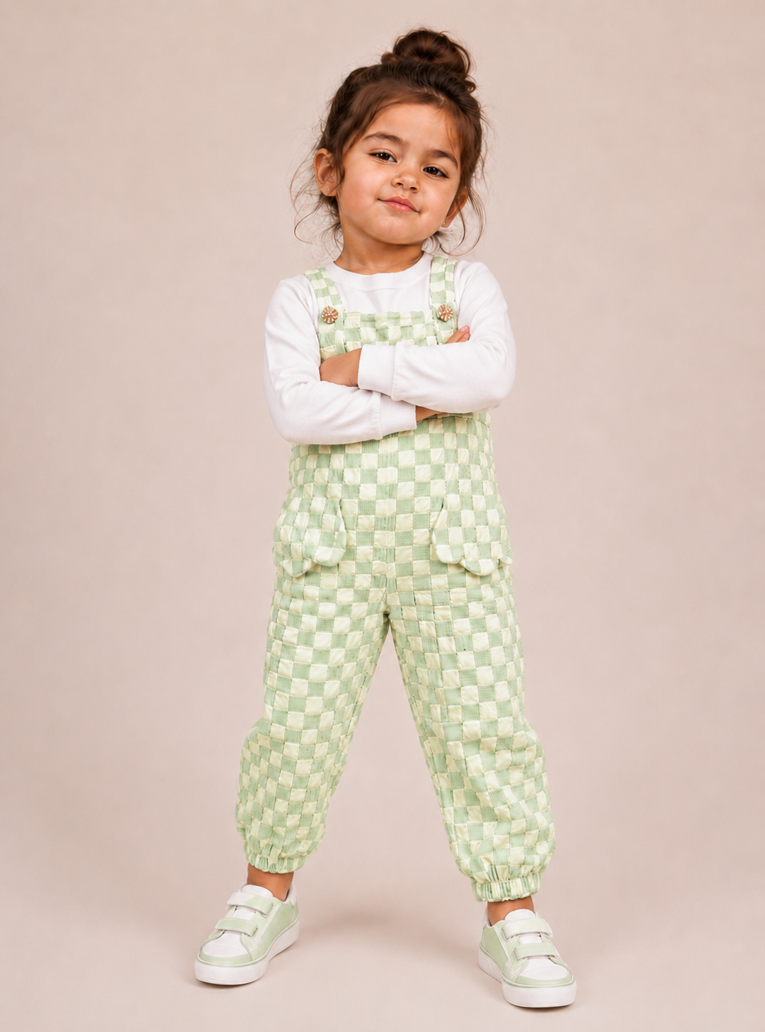 Girls Premium Checkered Dungaree & Full Sleeve Top Set