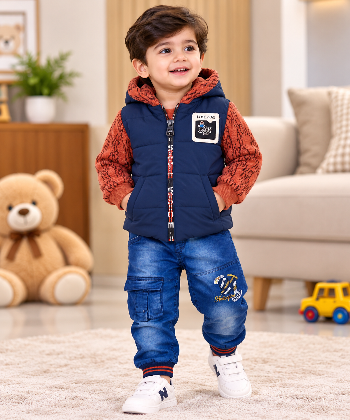 Boys Premium 3-Piece Winter Set – Sleeveless Puffer Jacket, Hoodie & Denim Jeans