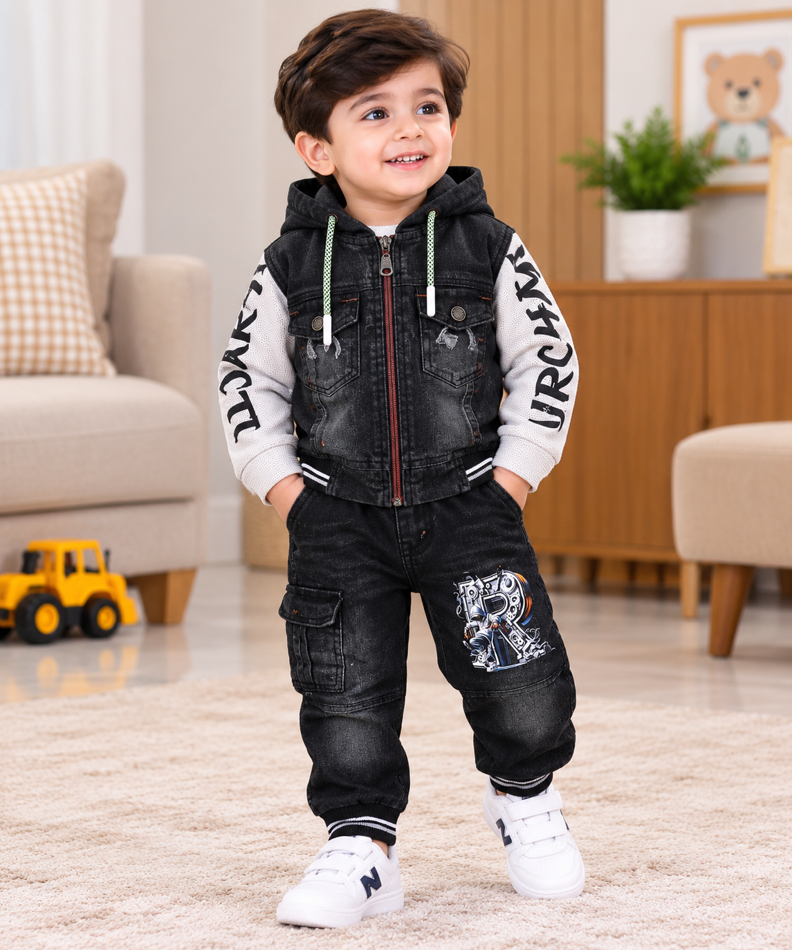 Boys Premium 2-Piece Denim Hoodie Jacket & Cargo Jeans Set