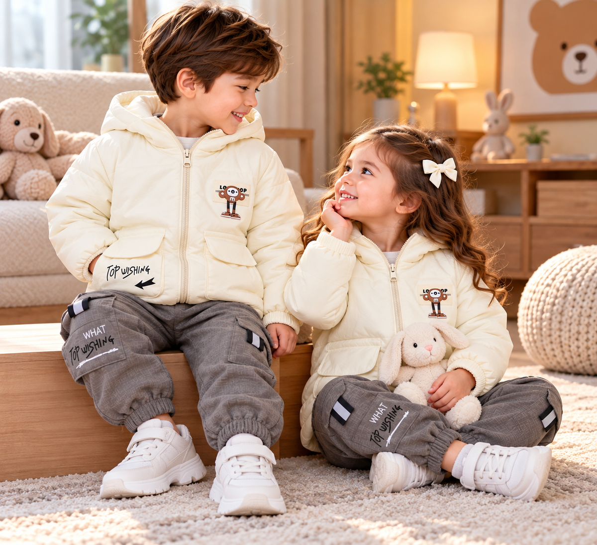 Kids Premium Hooded Puffer Jacket & Cargo Trouser Winter Set