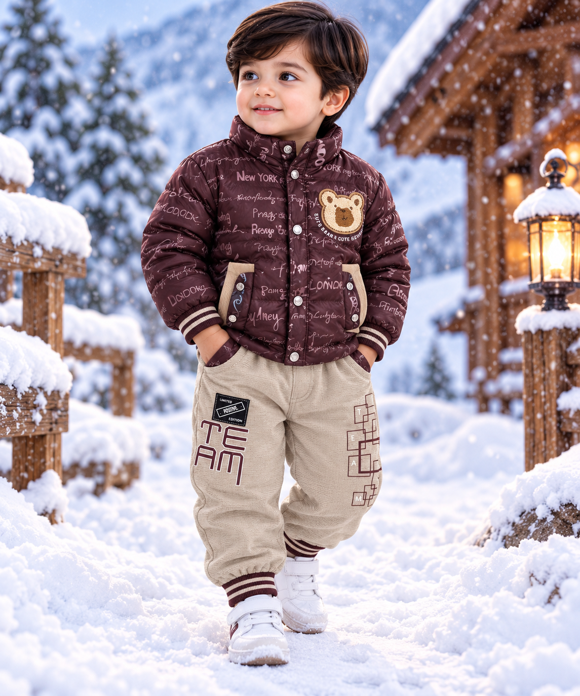Boys Premium Teddy Bear Puffer Jacket & Trouser Set – Winter Collection