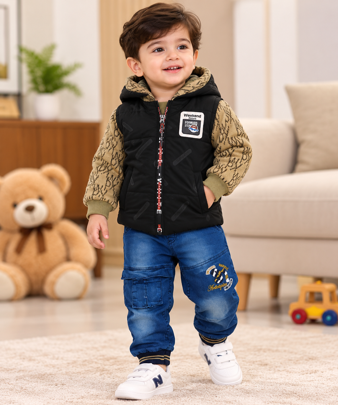 Boys Premium 3-Piece Winter Set – Sleeveless Puffer Jacket, Hoodie & Denim Jeans