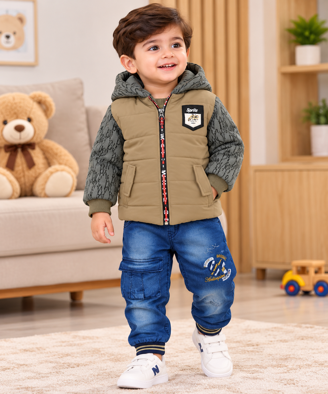 Boys Premium 3-Piece Winter Set – Sleeveless Puffer Jacket, Hoodie & Denim Jeans
