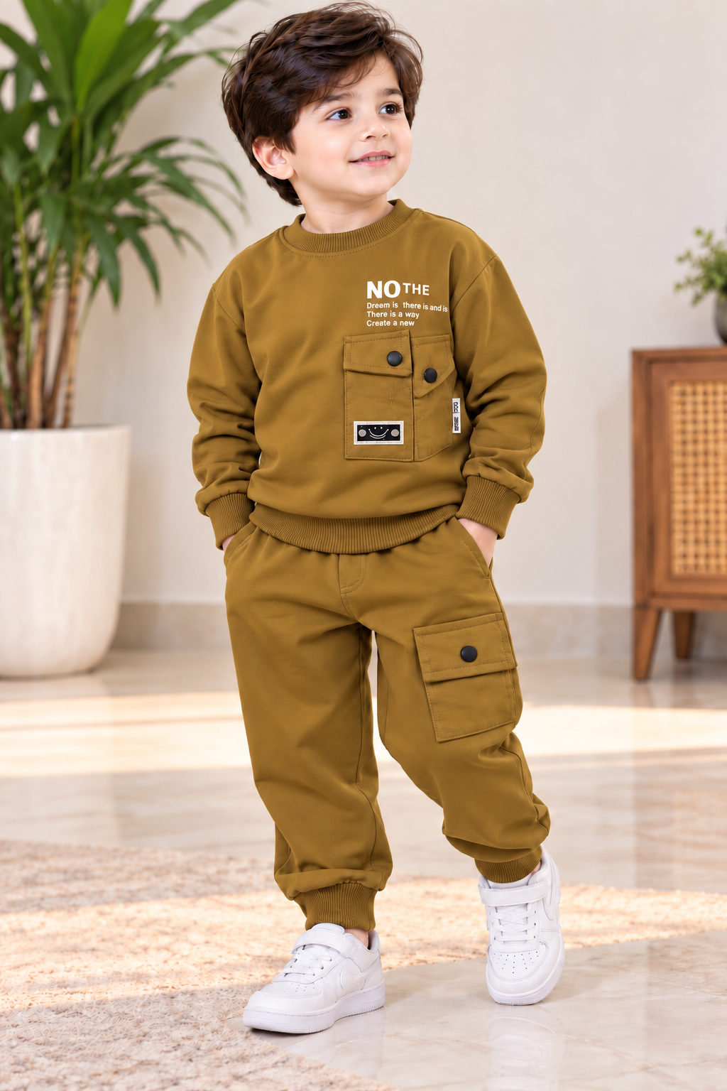 Urban Cargo Boys Premium Tracksuit – Light Grey Brown & Pistachio Green