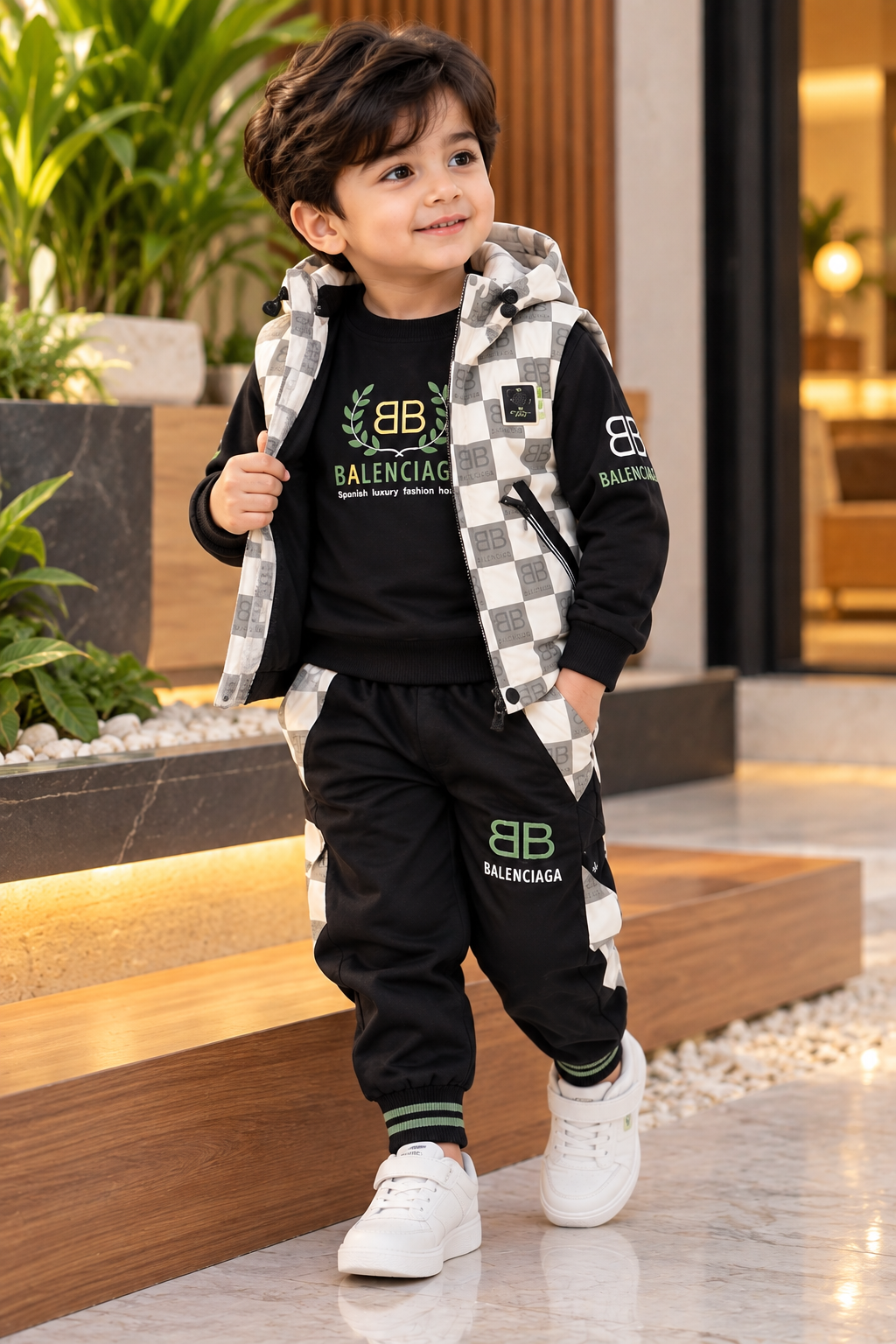 Urban Check Boys Premium 3-Piece Suit – Green & Grey