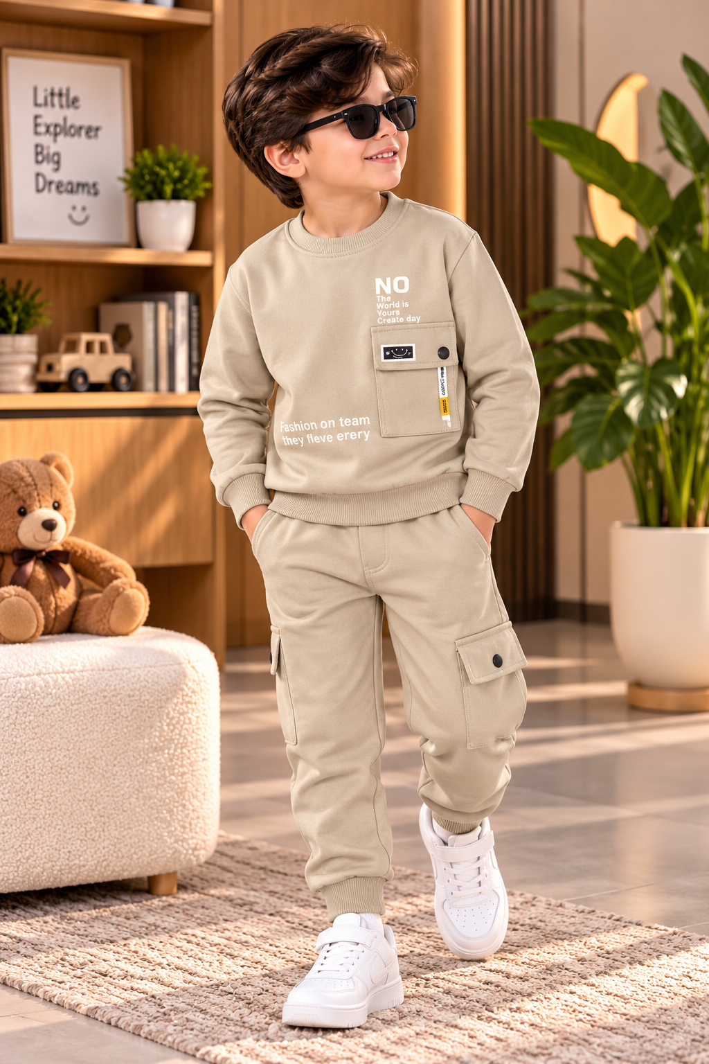 Urban Cargo Boys Premium Tracksuit – Light Grey Brown & Pistachio Green
