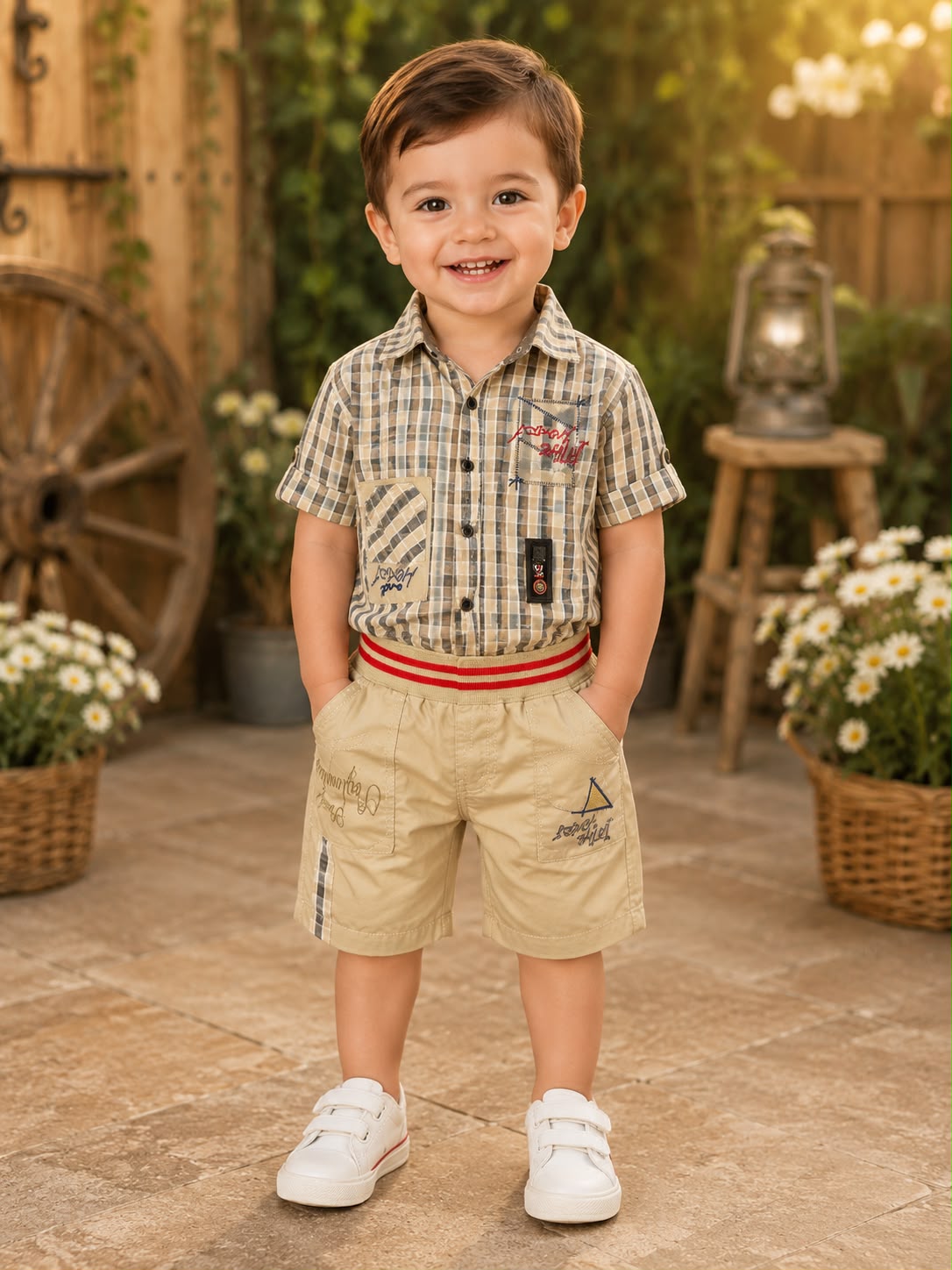 Baby Boy Casual Checked Shirt with Grey Shorts