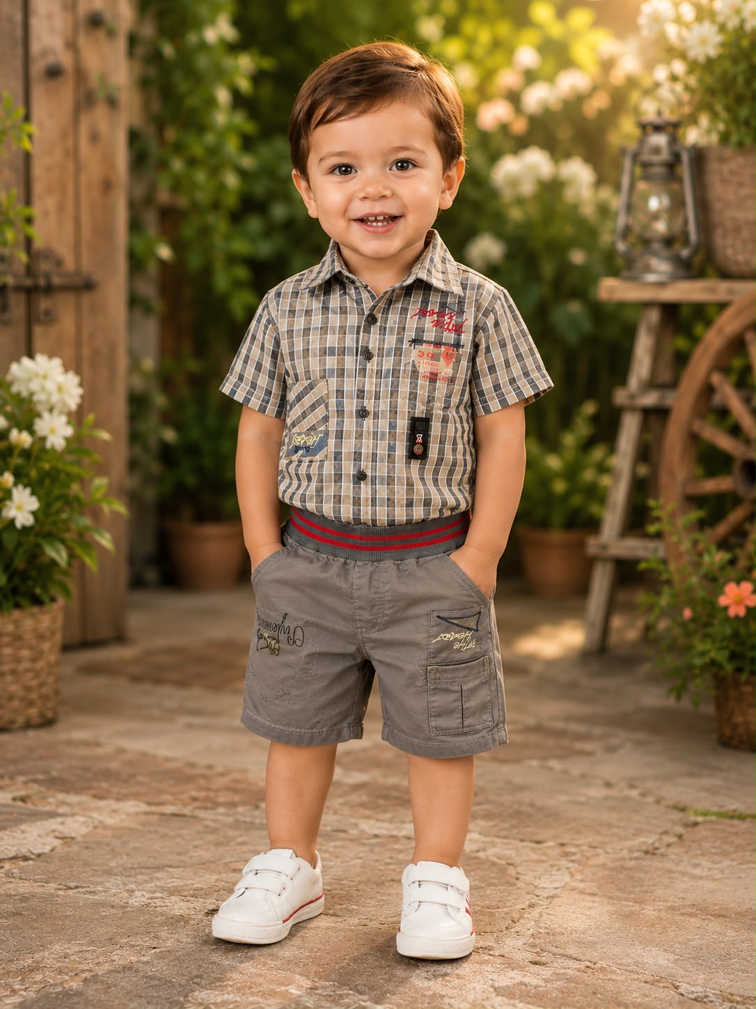 Baby Boy Casual Checked Shirt with Grey Shorts