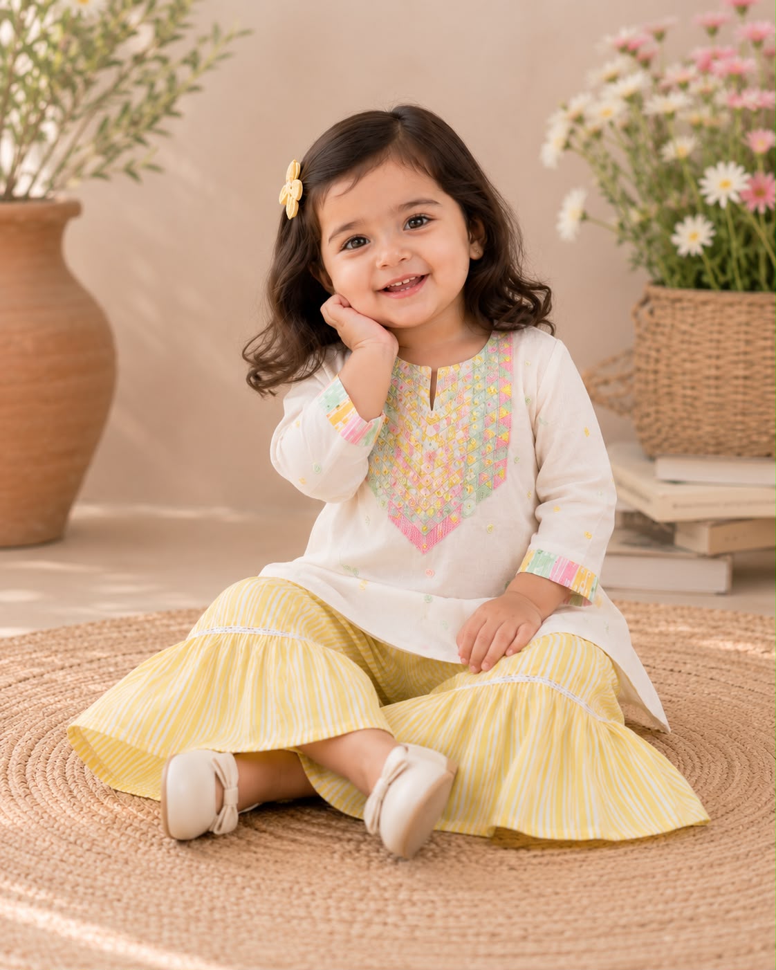 Kids Girls Kurti & Flapper Set with Embroidery