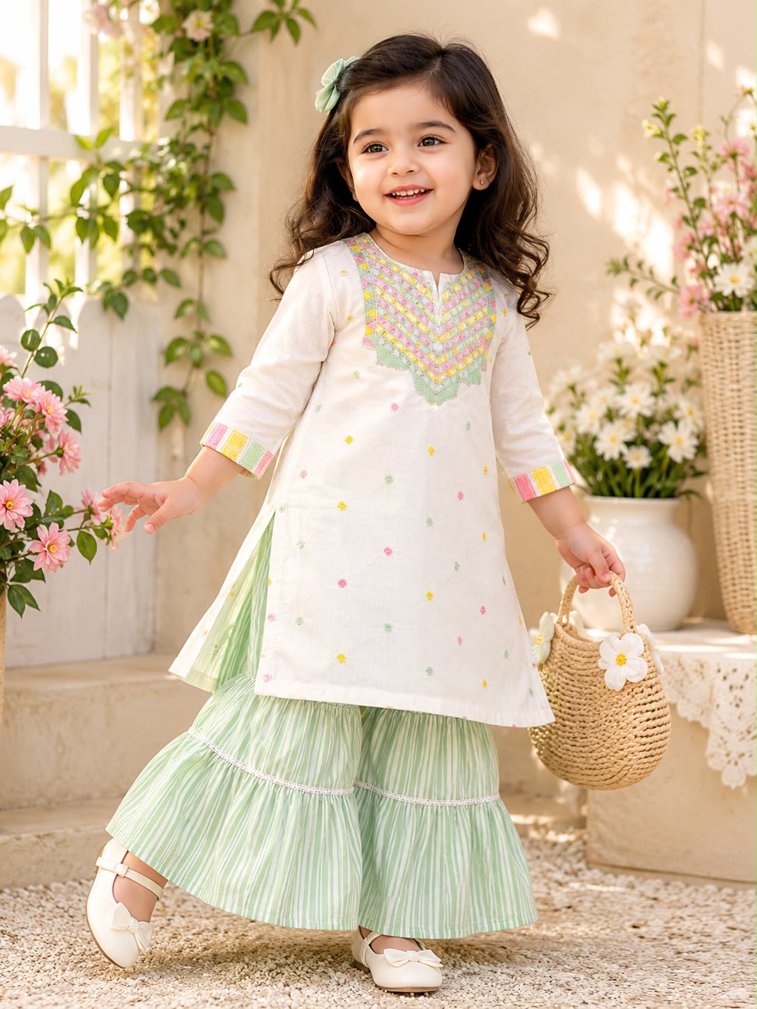 Kids Girls Kurti & Flapper Set with Embroidery