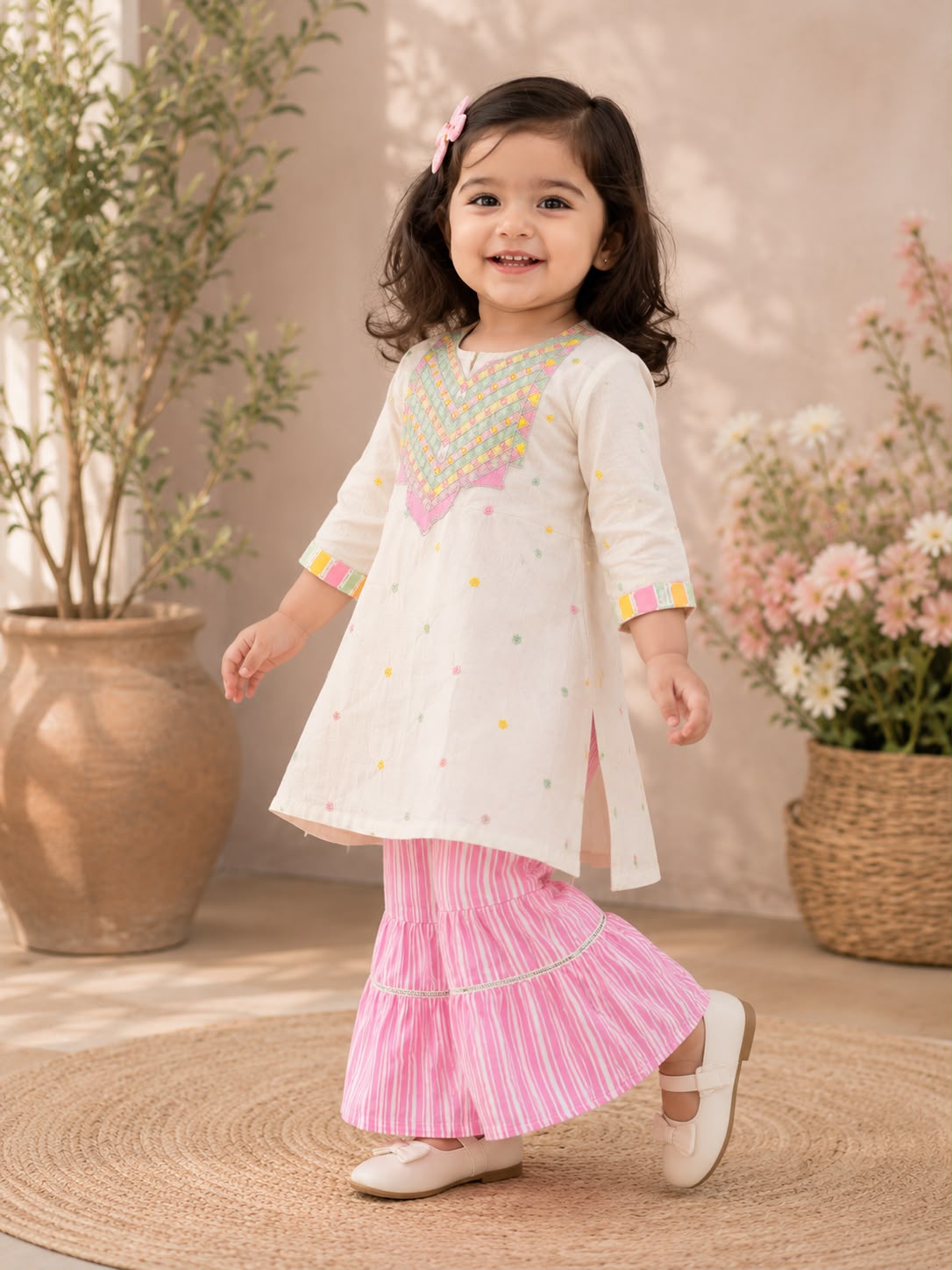Kids Girls Kurti & Flapper Set with Embroidery