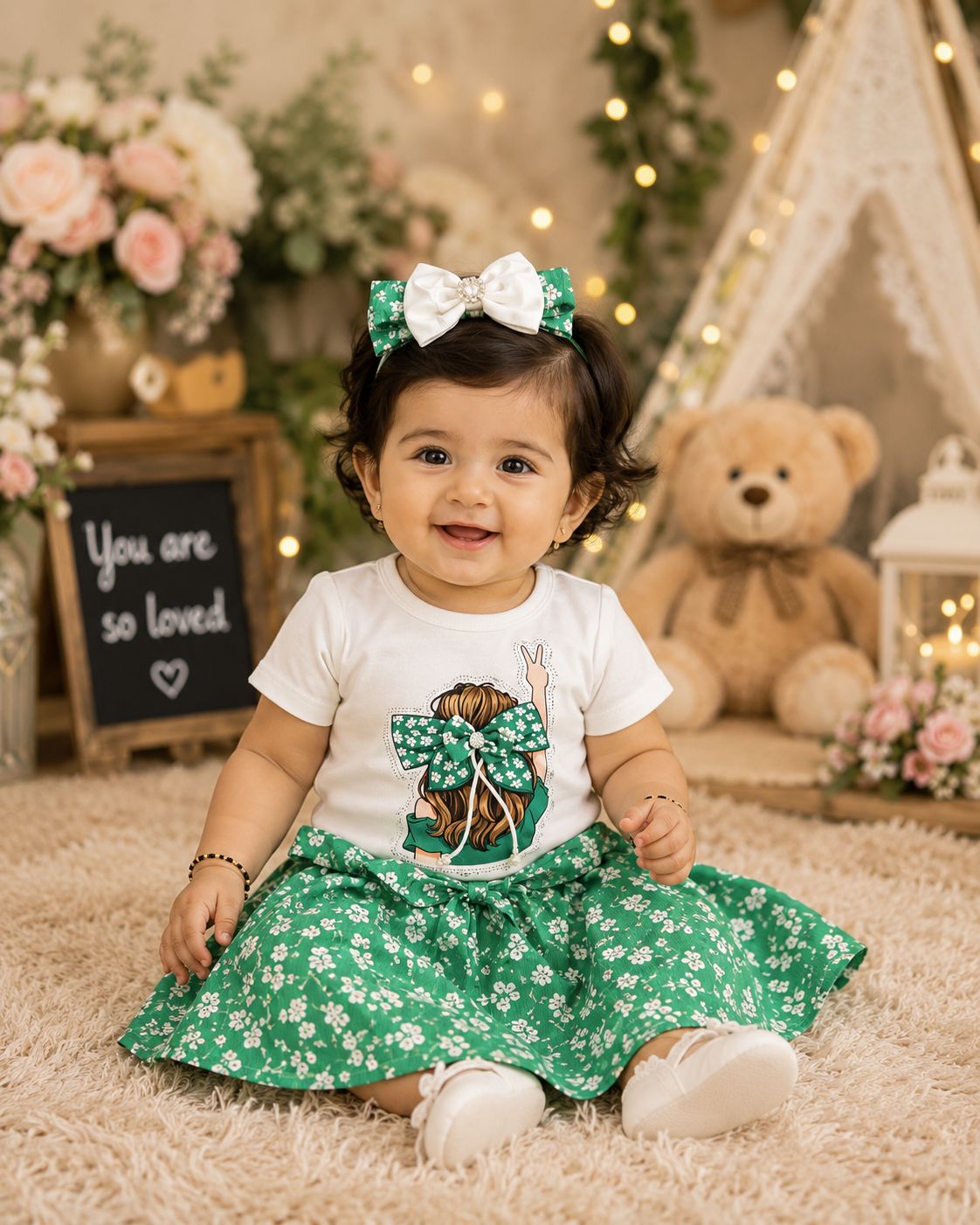 Emerald Blossom Bow Skirt Set