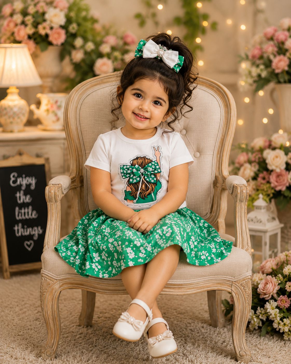 Emerald Blossom Bow Skirt Set