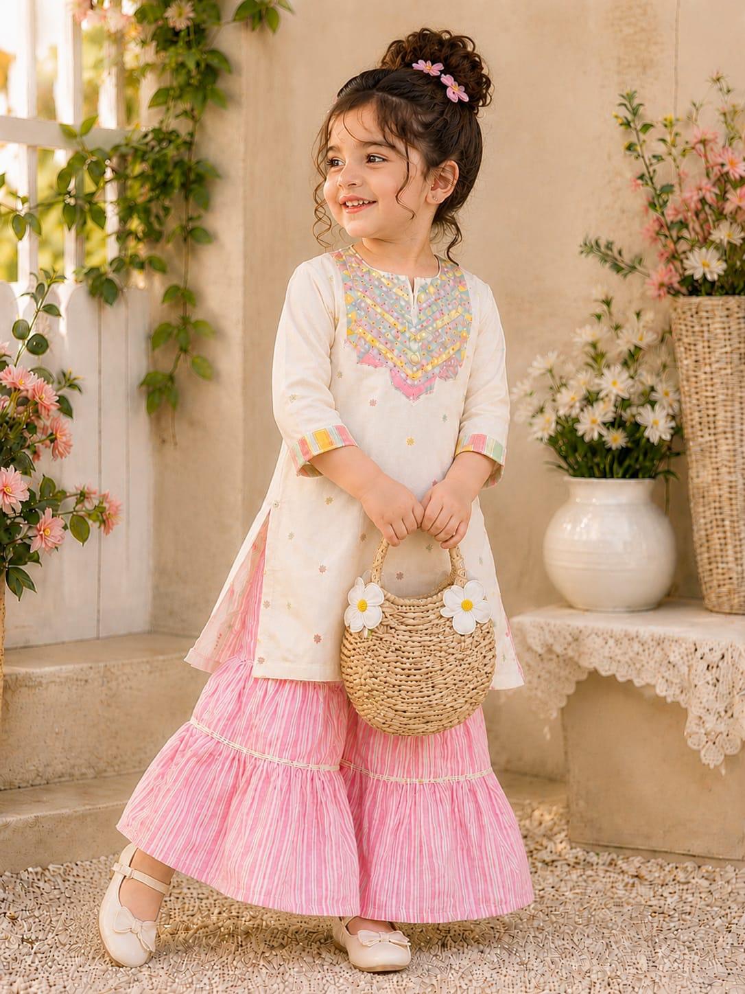 Kids Summer Kurti & Flapper Outfit – Pink & Yellow Limited Colors