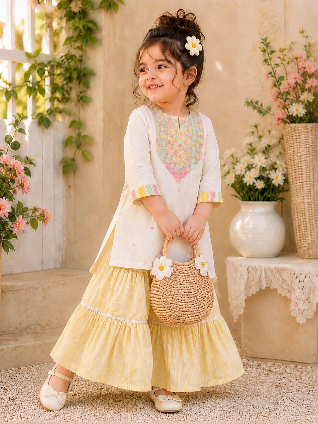 Kids Summer Kurti & Flapper Outfit – Pink & Yellow Limited Colors