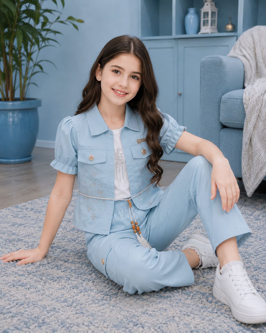 Girls Embroidered Co-Ord Set with Inner Top & Wide-Leg Pants