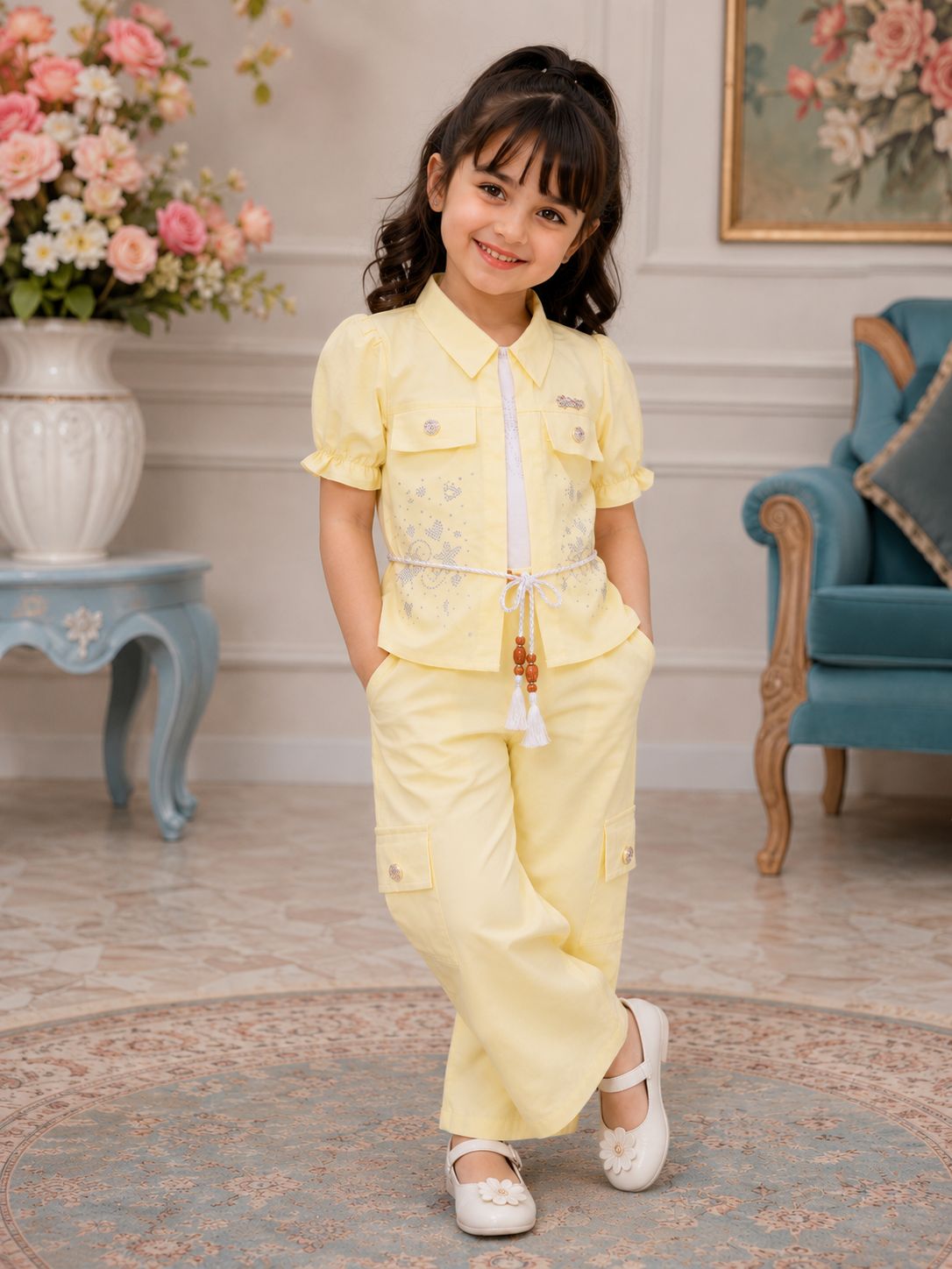 Girls Embroidered Co-Ord Set with Inner Top & Wide-Leg Pants
